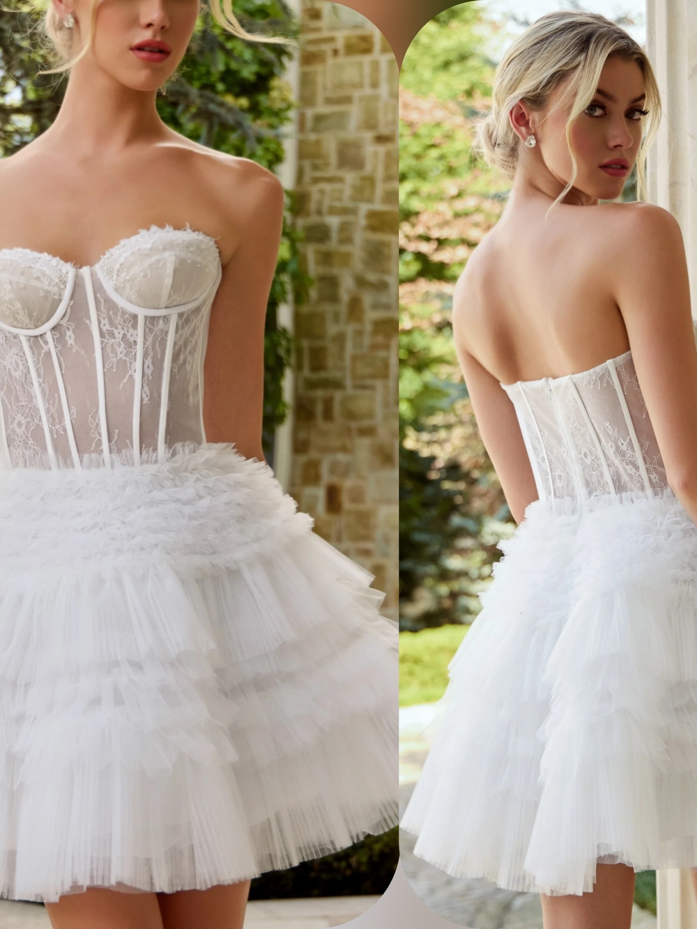 Jovani White Strapless Lace Corset Mini Dress with Tiered Tulle Skirt